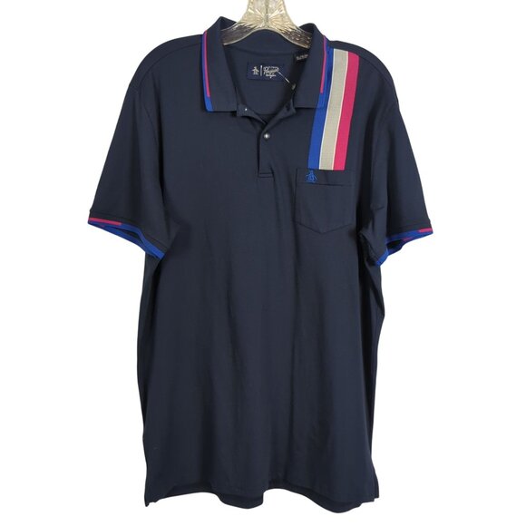 Penguin Mens Navy Polo Shirt XL Striped Collar Pocket Cotton Blend Classic Fit - Picture 1 of 14